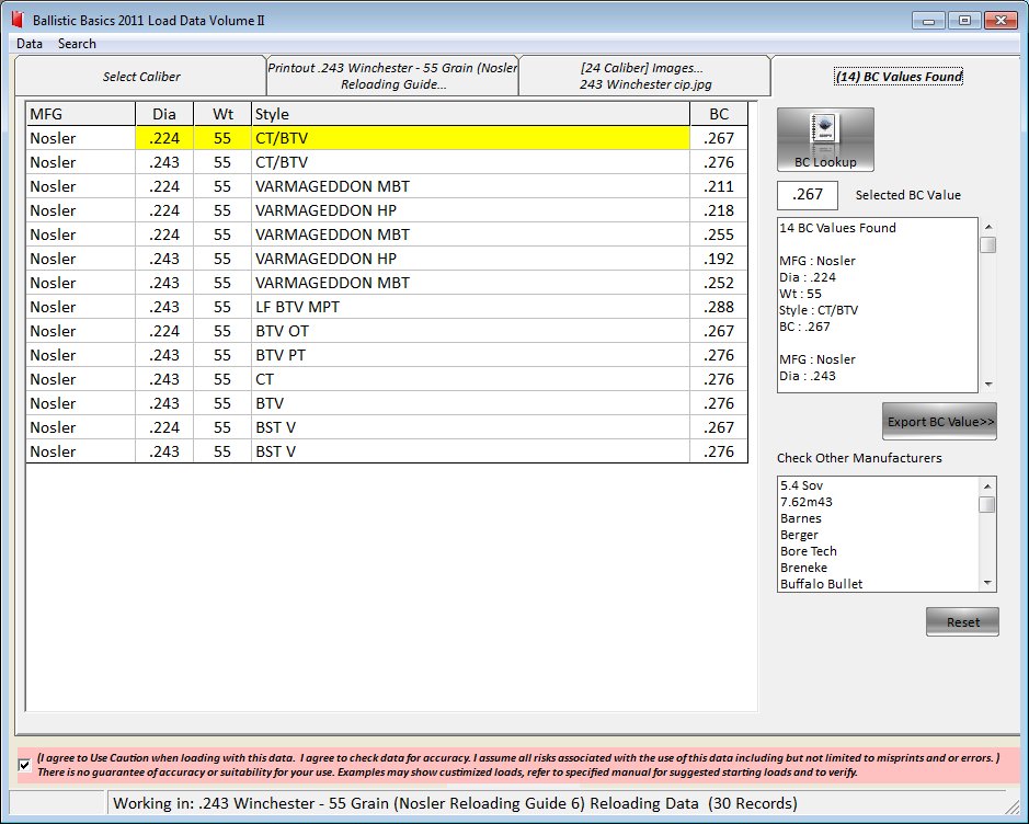 Ballistic Basics Volume II load Listing